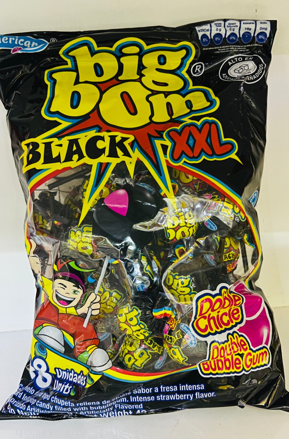 آبنبات چوبی بیگ بوم بلک 2 ایکس ( همراه با آدامس ) بسته 48 عددی BigBom Black XXL Doble Chicle