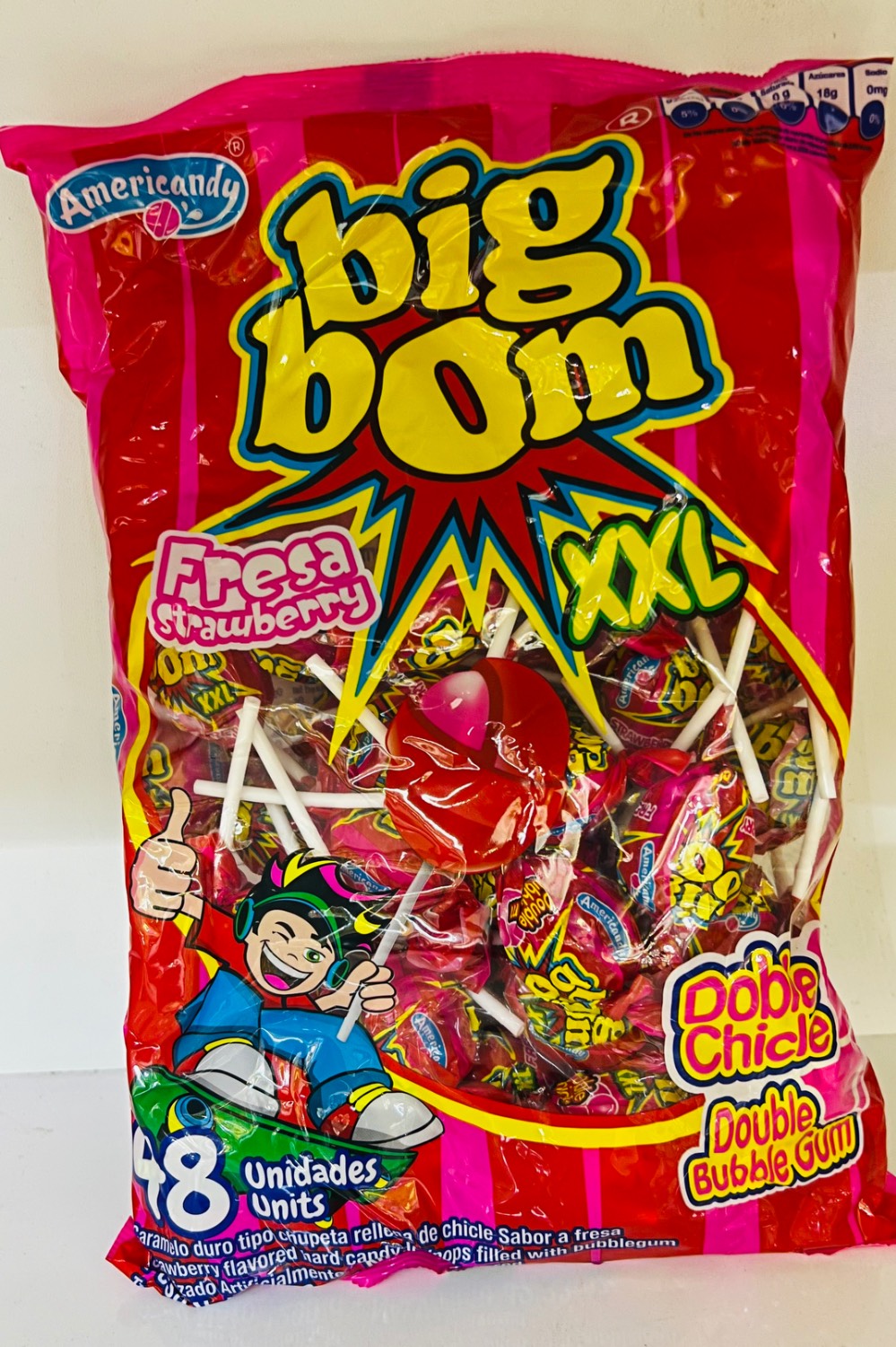 آبنبات چوبی بیگ بوم توت فرنگی بسته 48 عددی | BigBom XXL Strawberry