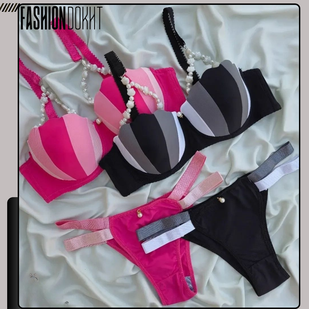 ست صدفی مرواریدی شامل سوتین فنر دار با جک متوسط و شورت لامبادا