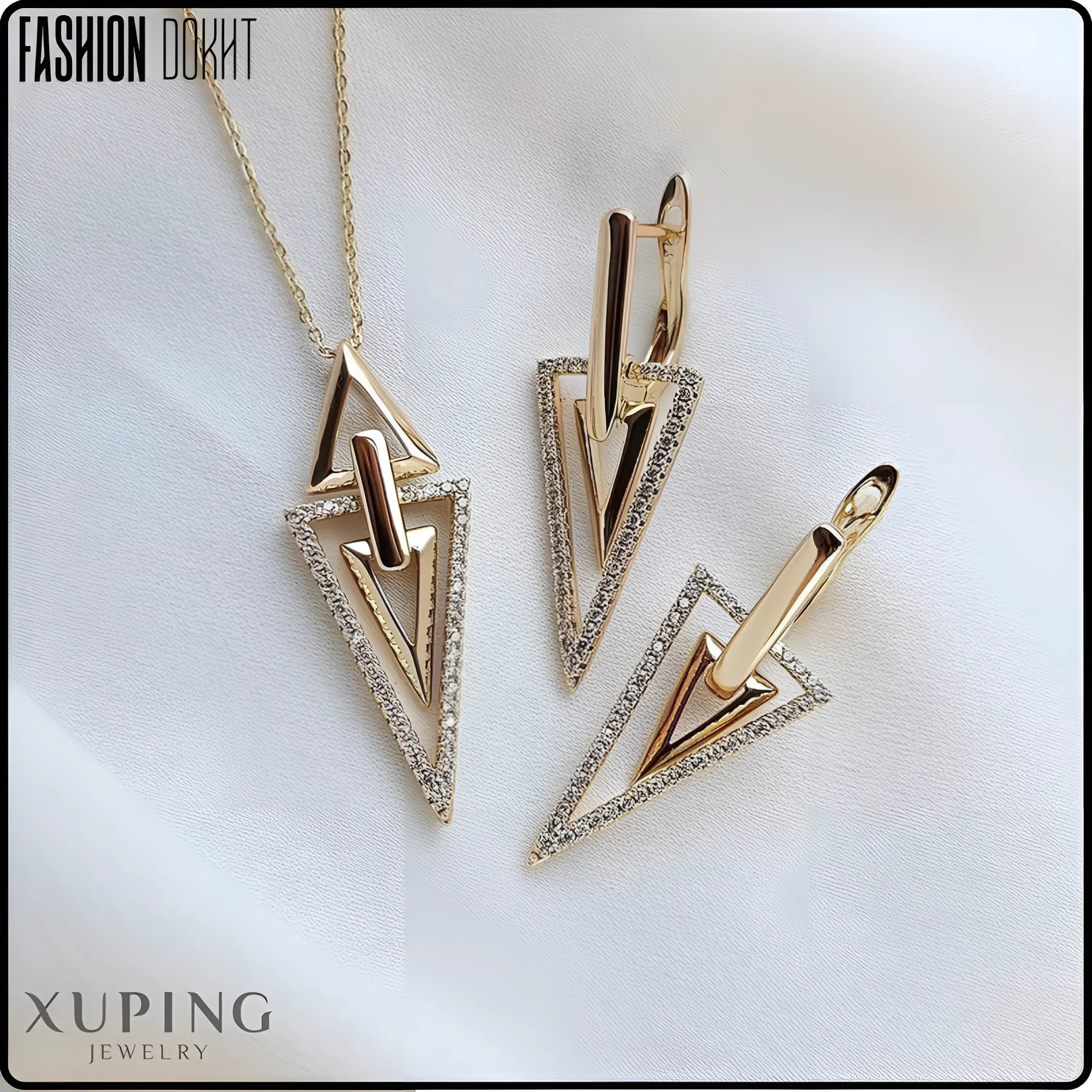 نیم ست مثلنیمست مثلثی نگین‌دار ژوپینگ با روکش طلا و طراحی ظریف و شیکثی نگین‌ دار - برند ژوپینگ