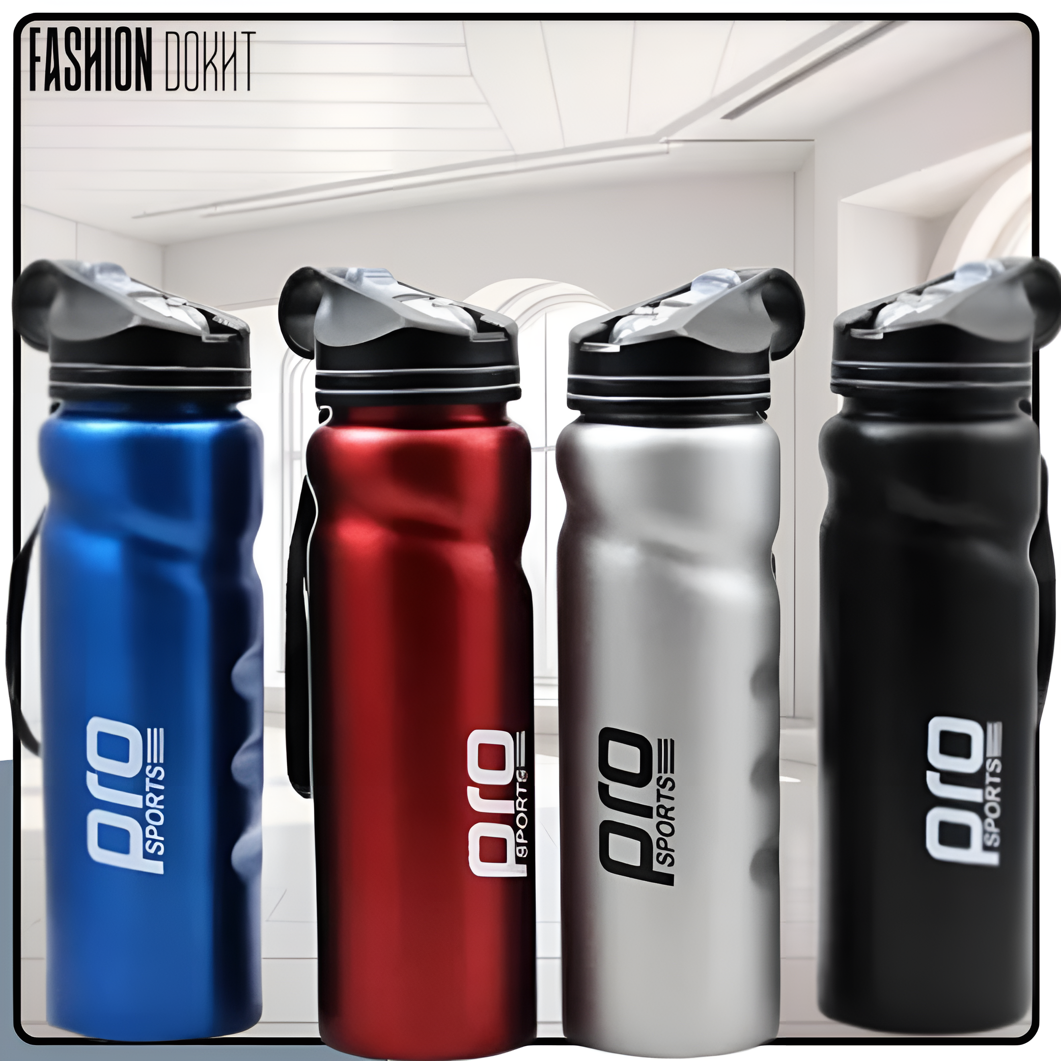 قمقمه ورزشی Pro Sports با بدنه استیل و بند حمل در رنگ‌های نقره‌ای، آبی، قرمز و مشکی