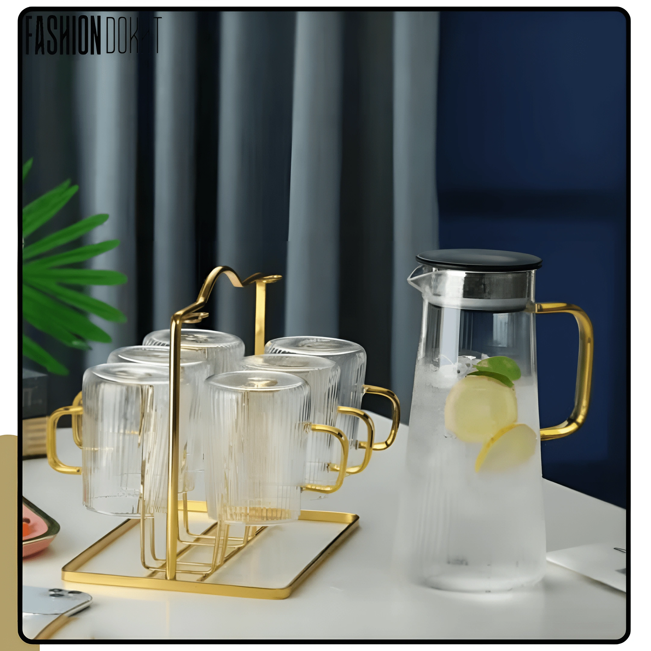 ست پارچ و لیوان پیرکس مدل استوانه طلایی - فشن دخت