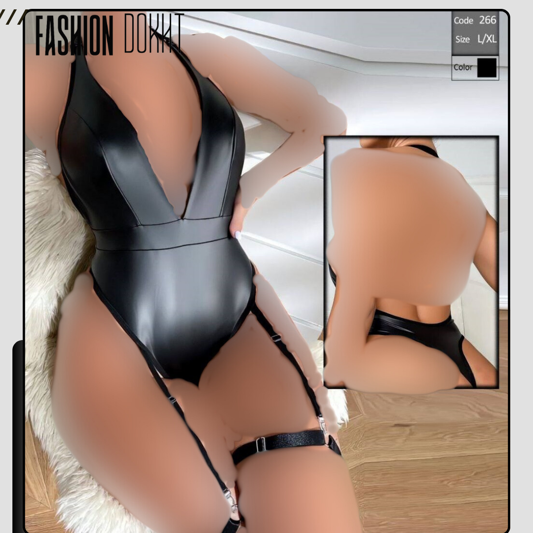 بادی چرم پشت باز مشکی از برند فشن دخت، سایزبندی ۳۸ تا ۴۶، جلوه‌ای خاص و دلربا