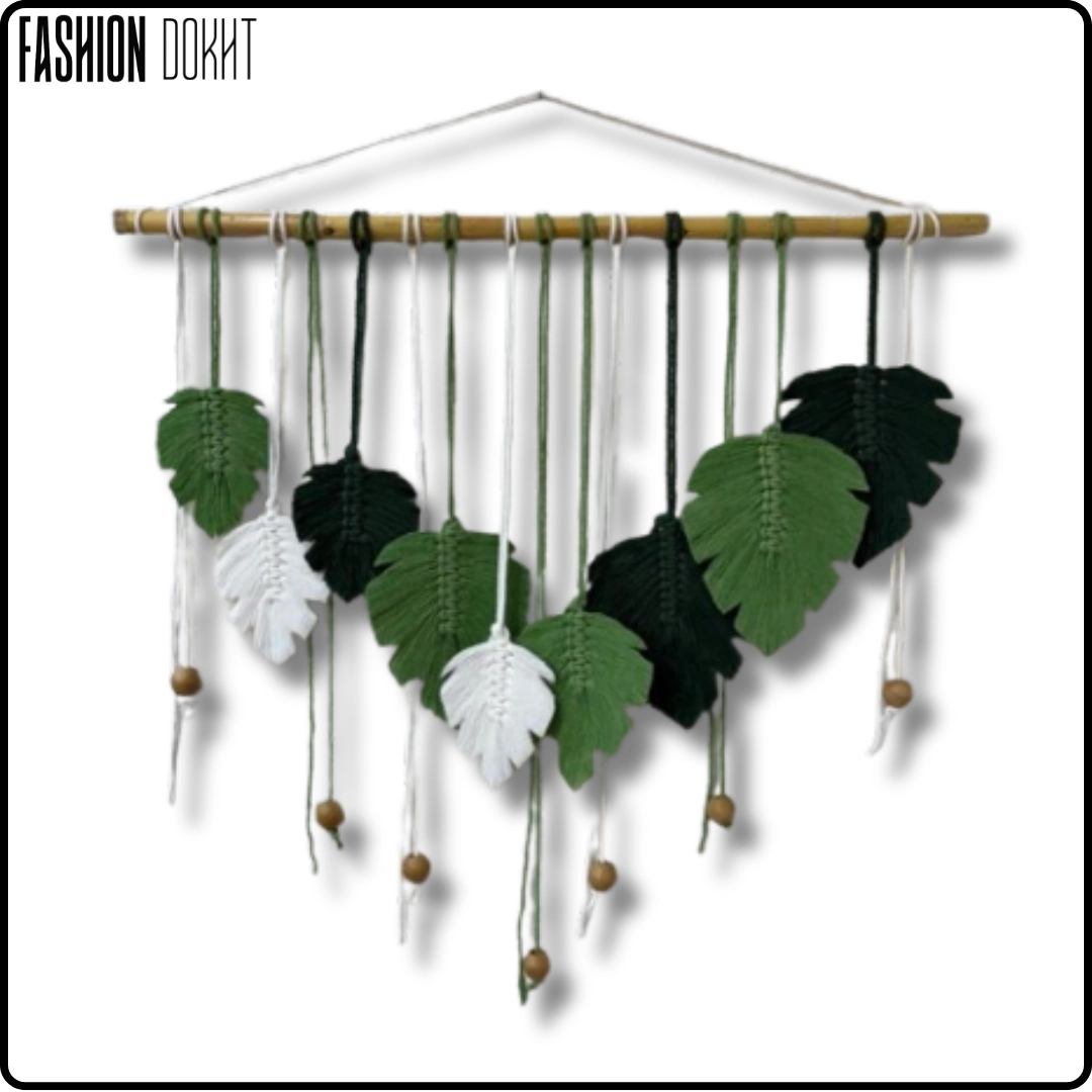 دیوارکوب مکرومه برگ انجیری ۹ عددی با ریسه نی طبیعی و مهره، برند فشن دخت