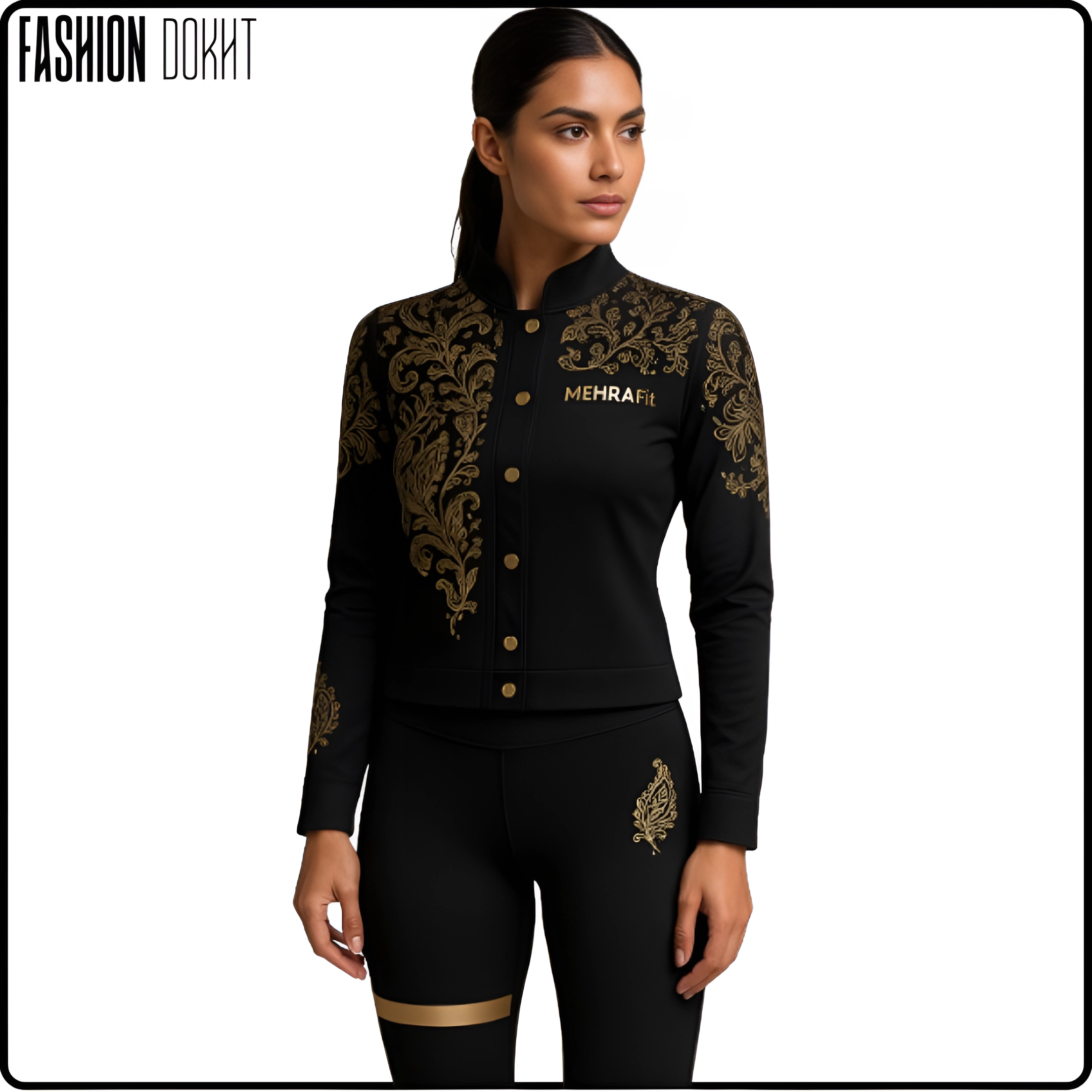 ست ورزشی زنانه مشکی طلایی MEHRAfit با طراحی اصیل ایرانی – فروشگاه فشن دخت