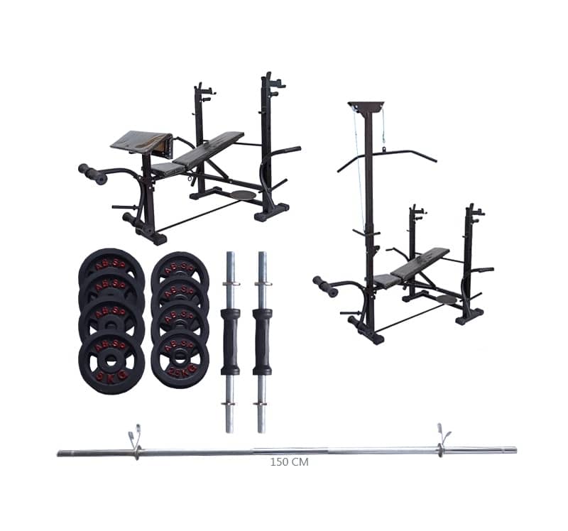 دستگاه بدنسازی ۵۲ کاره خانگی۶۰ تاشو پروفیل 60 در 60 عرض 90+وزنه + هالتر+ میله دمبل