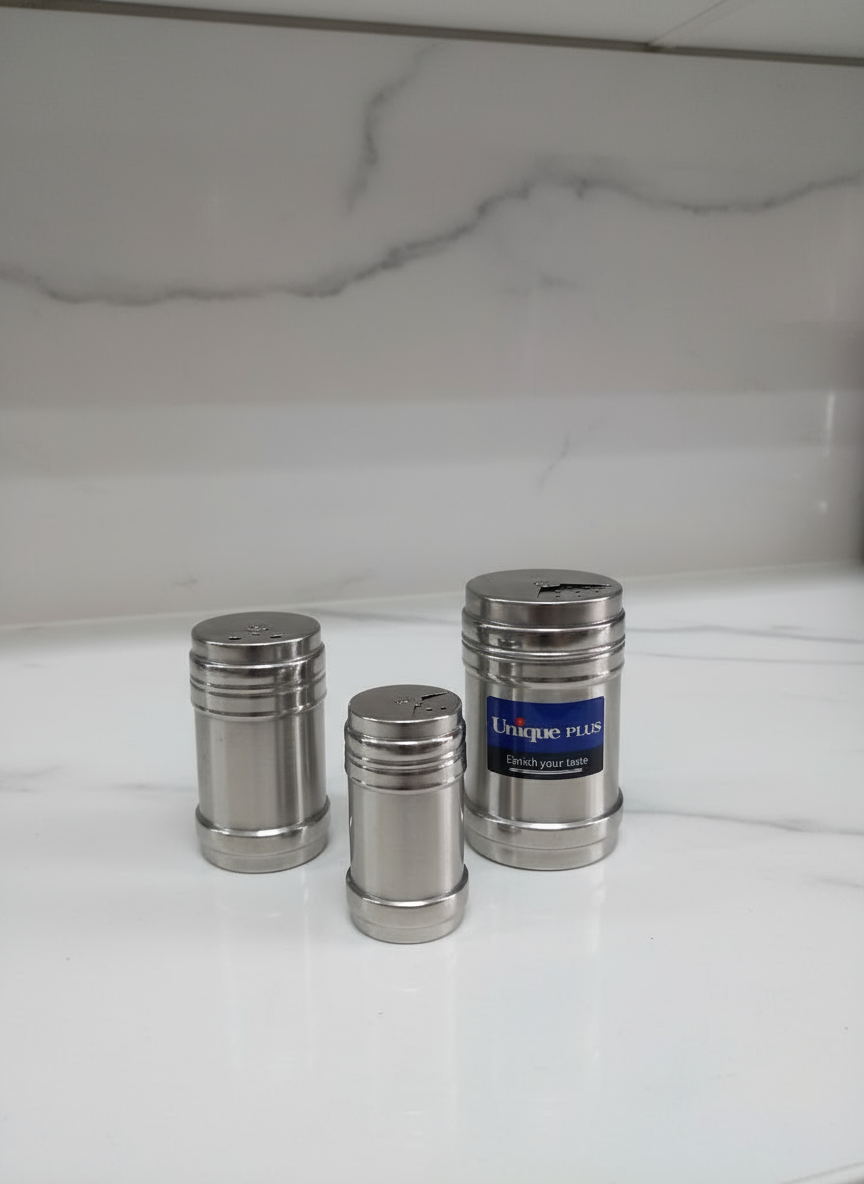 ست نمک و ادویه پاش استیل سه‌عددی یونیک پلاس برای رستوران و کافه