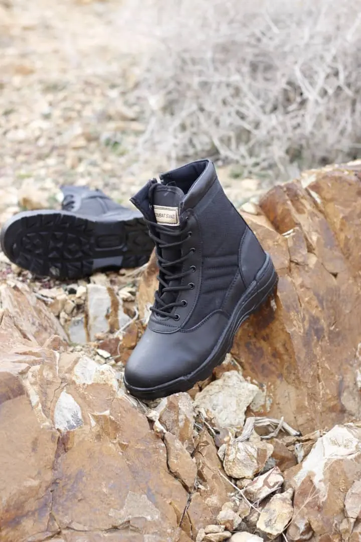 پوتین نظامی و تاکتیکال اسوات مشکی تمام چرم گاوی