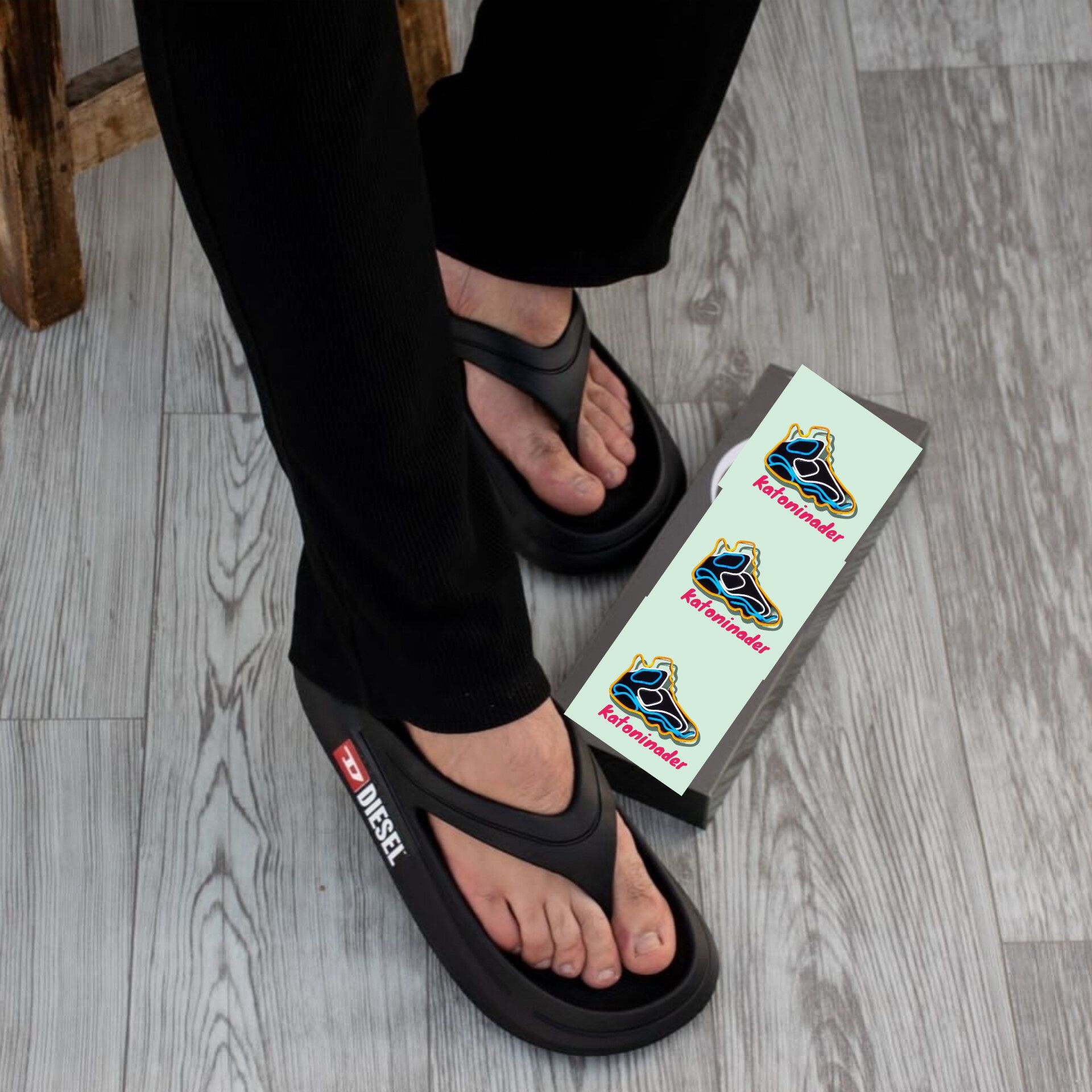 دمپایی مردانه لژ دار نگار انگشتی رنگ مشکی و طوسی  مدل دیزل جدید و ترند