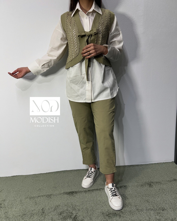 ست قلاب بافی سه تکه لینن کژوال برای روزمره