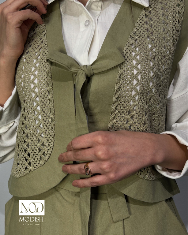 ست قلاب بافی سه تکه لینن کژوال برای روزمره