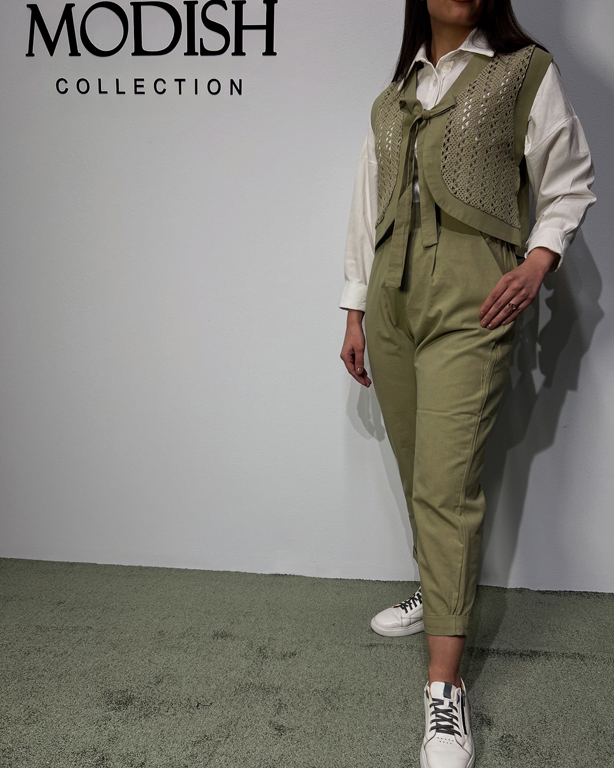 ست قلاب بافی سه تکه لینن کژوال برای روزمره