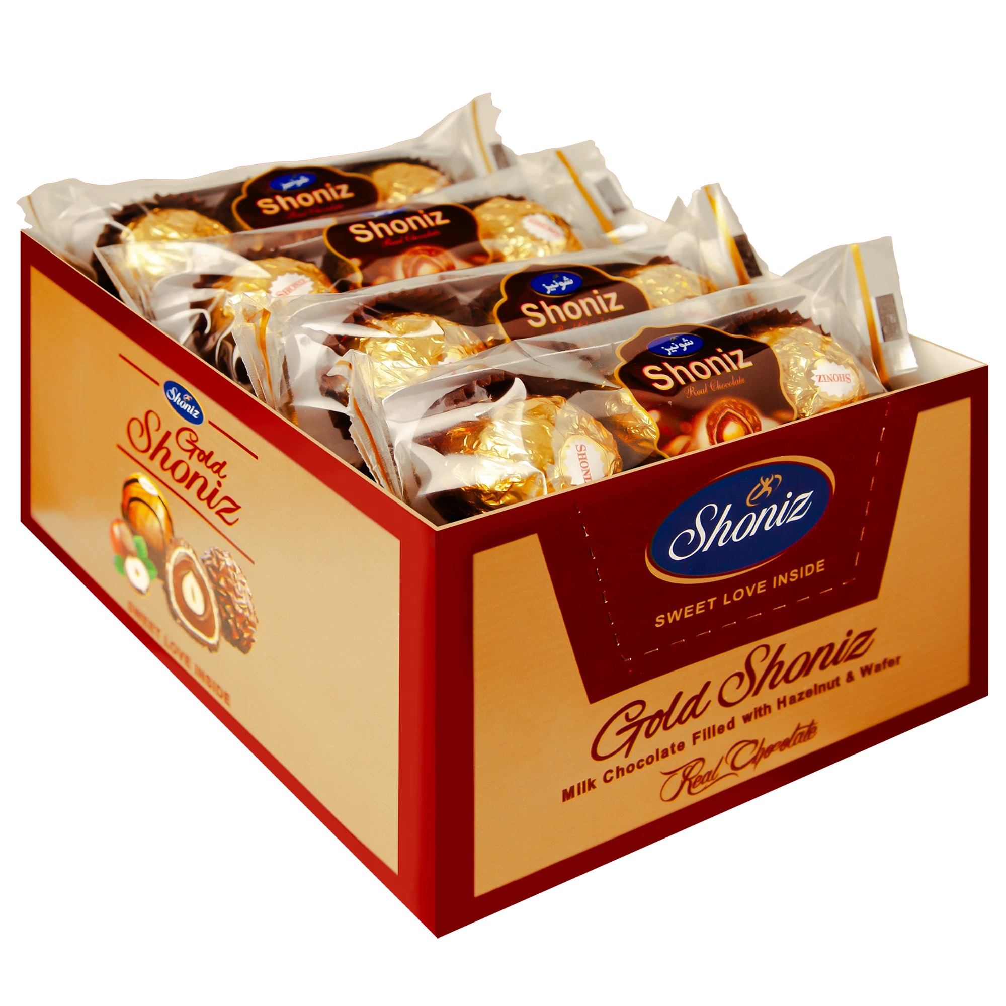شکلات شونیز طلائی 3 عددی شکلاتی با مغز ویفر و فندق