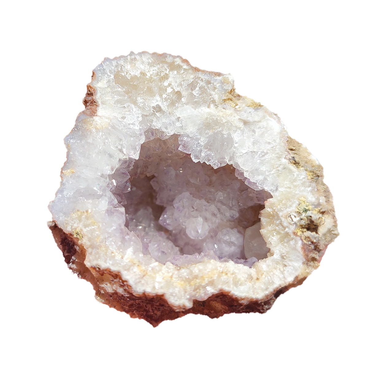 سنگ ژئود طبیعی با بلورهای شفاف کوارتز درخشان و شکاف داخلی زیبا