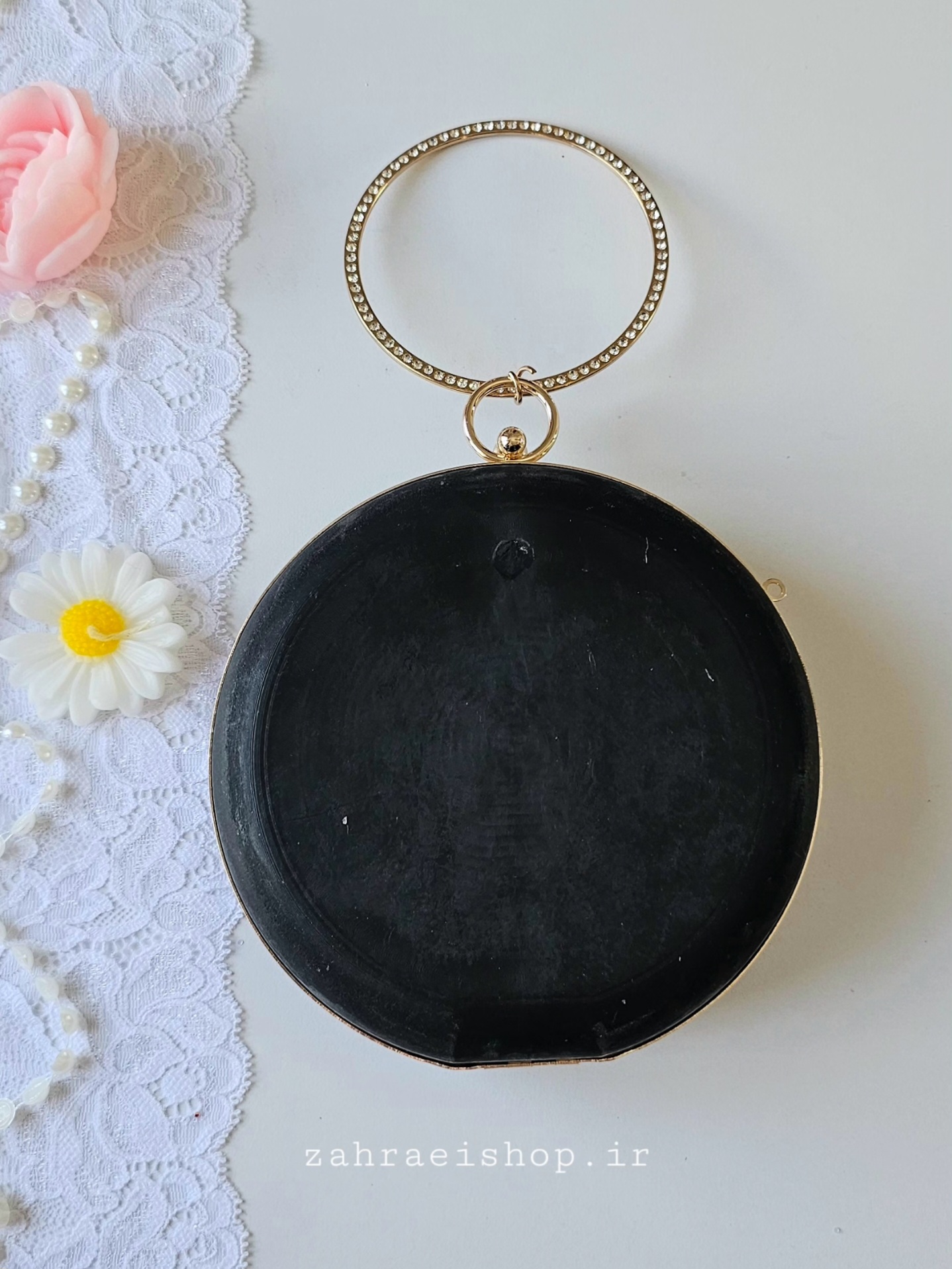 کیف کلاچ آماده مدل دایره دسته طلایی مناسب کارهای هنری